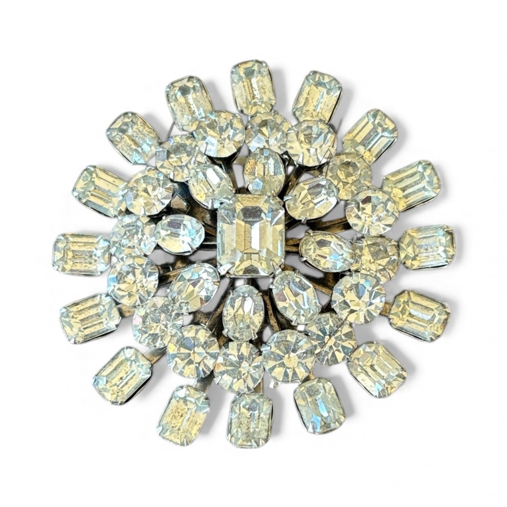Vintage Coro Signed Clear Rhinestone Starburst Flower Brooch Pin‎ Silver Toned